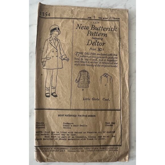 Antique Sewing Pattern 1920s Butterick Little Girls Coat Age 5 23.5” Bust #1354 - Picture 1 of 3